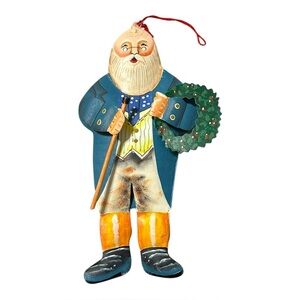 Vintage Dept 56 Santa Claus With Wreath And Cane Metal Christmas Ornament Blue